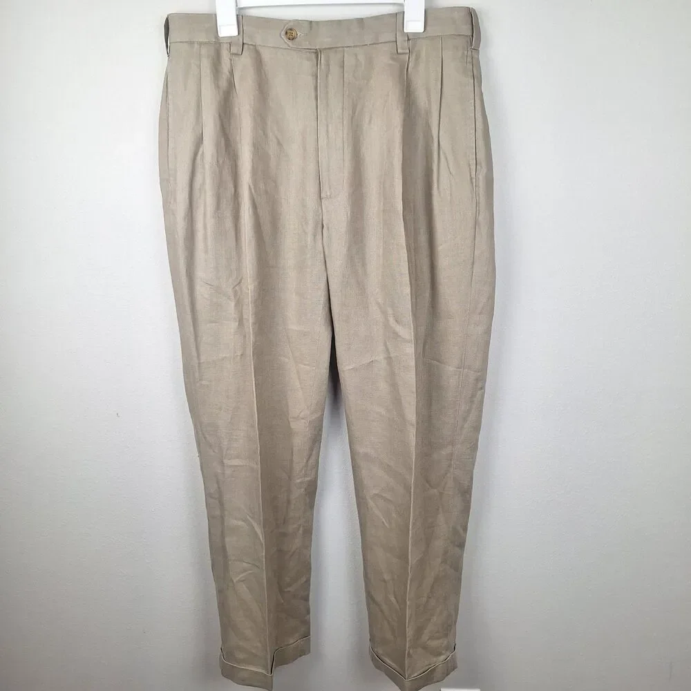 Vintage Jos A Bank Pants Mens 36x30 Linen Cuff Pleated Traveller's Collection